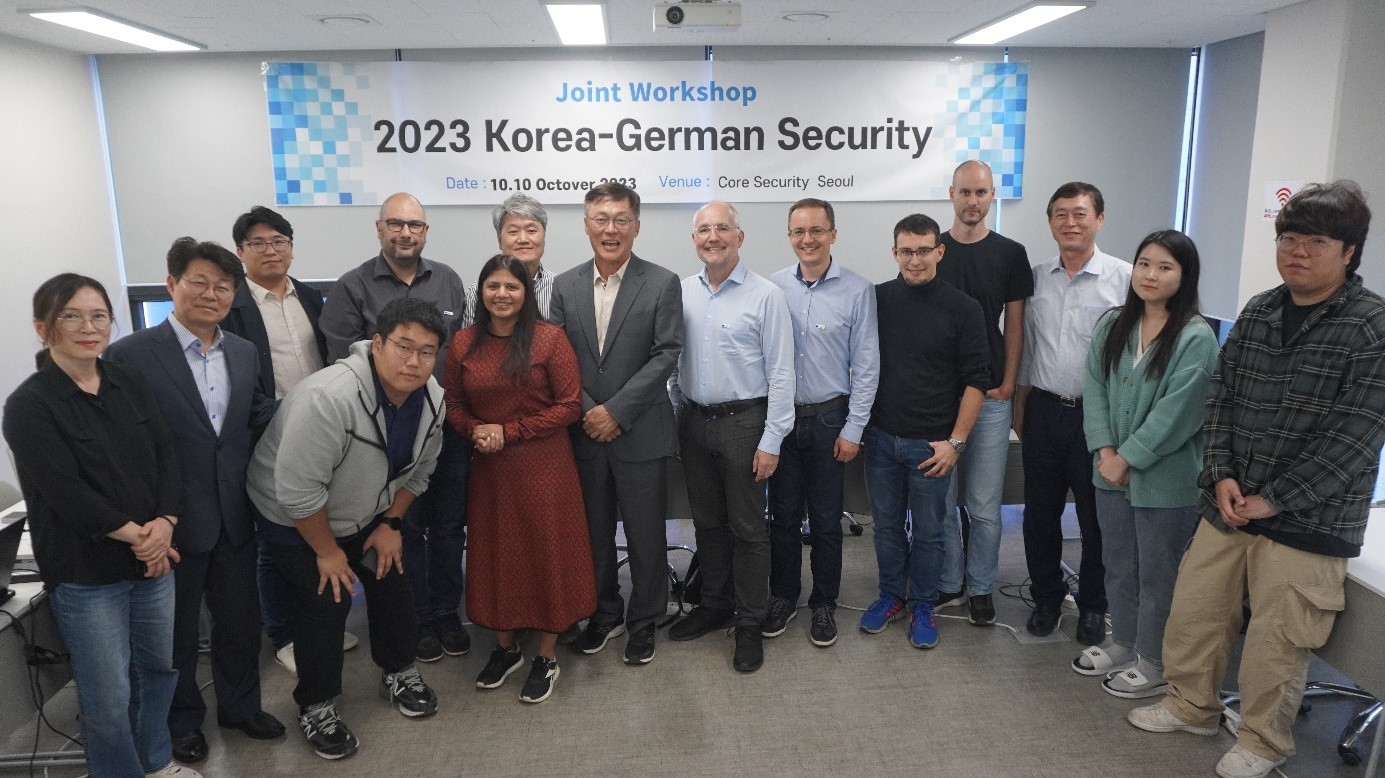 Participants (Korea University, Dream Security, WAEM, SMRA, Siemens, TRUMPF, Fraunhofer AISEC, and Core Security) of the workshop at Core Security in Seoul.